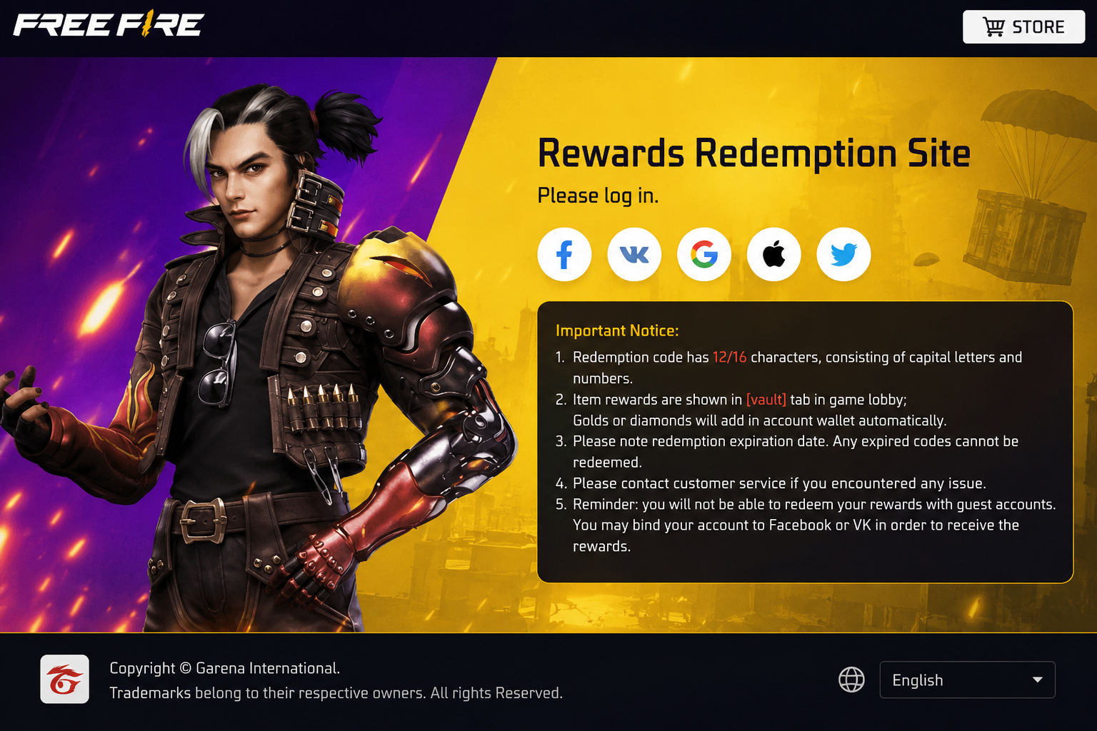 Add image here — screenshot of the redeem code website