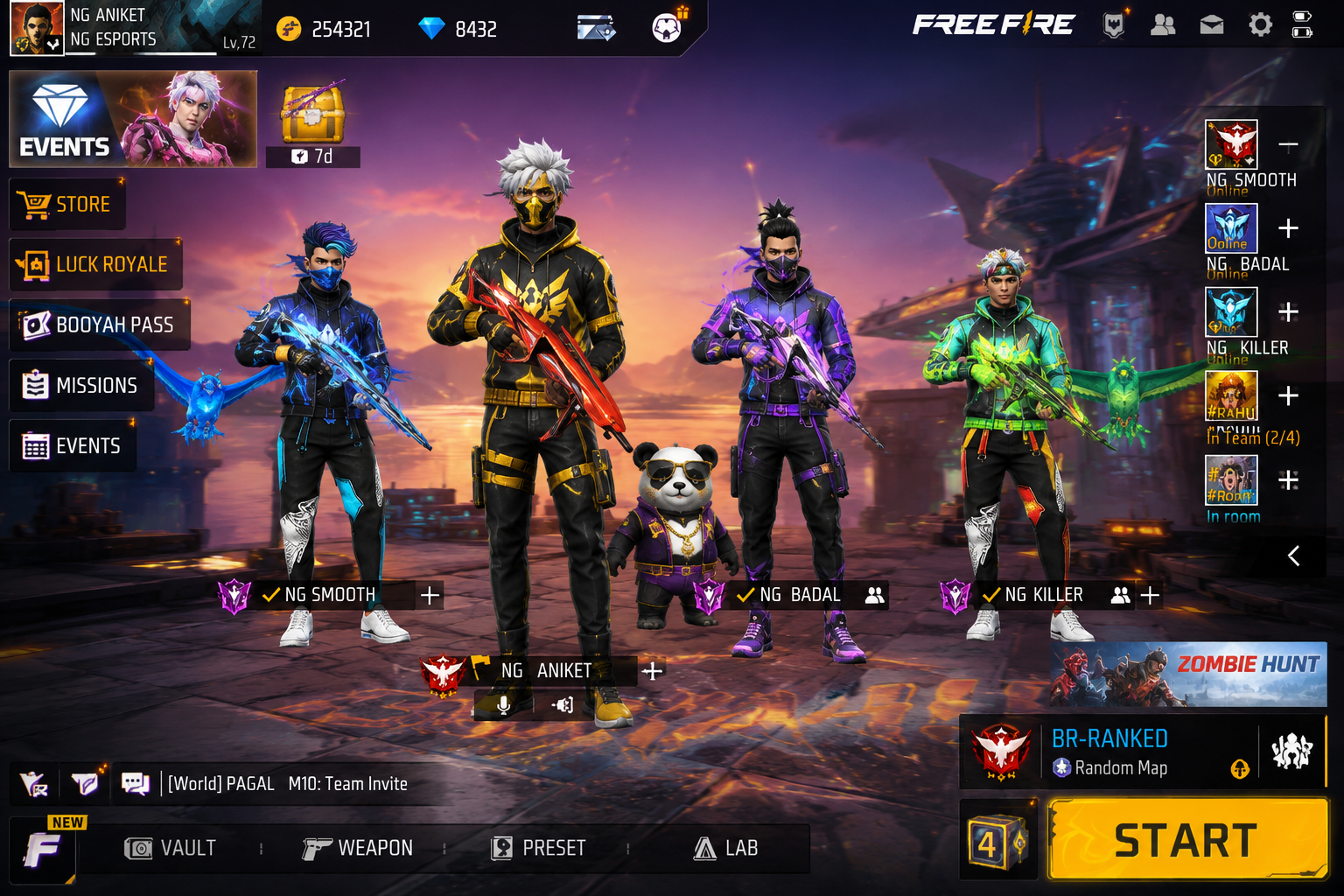 Add hero image here — squad lobby screen with all 4 characters equipped